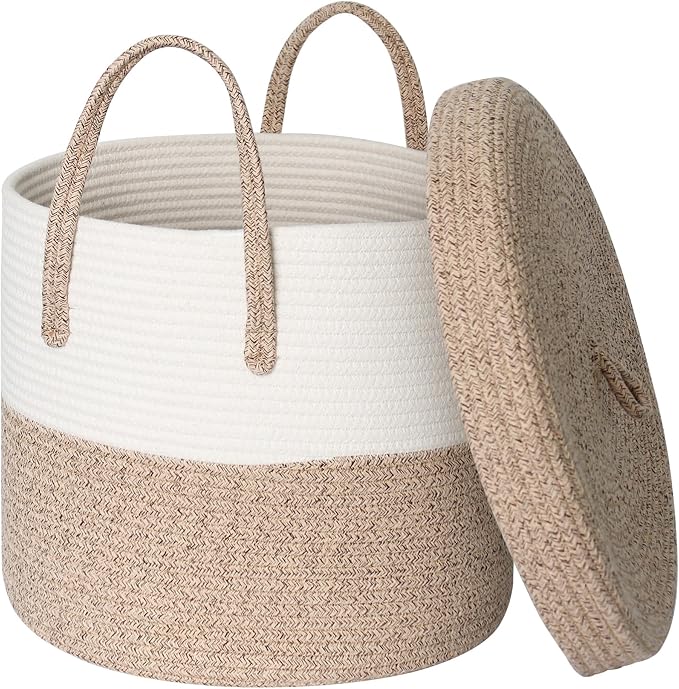 15”x13” Large Storage Basket with Lid, Blanket Basket Living Room, Woven Cotton Rope Baskets for Storage, Kids Toy Storage Bin, Tall Wicker Laundry Basket, Blankets Pillows Organizer Holder