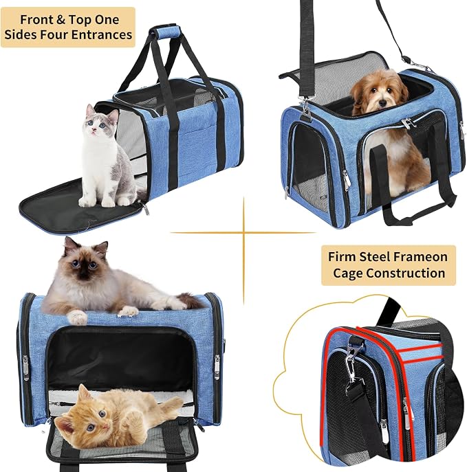 Soft-Sided Cat/Dog/Pet Carrier, Collapsible Pets Travel Carriers | for Big Cats/Small Dogs with Shoulder Strap & Removable Mat, Mesh Puppy Carry Bag, Up to 16 Lbs, TSA Airline Approved(Blue)