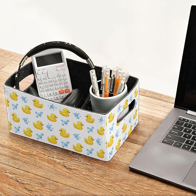 Emelivor Yellow Duck White Storage Basket Bins Set (2pcs) Felt Foldable Storage Bins with Fabric Rectangle Storage Organizing Baskets for Pet Books Clothes Closet Cabinet Organise