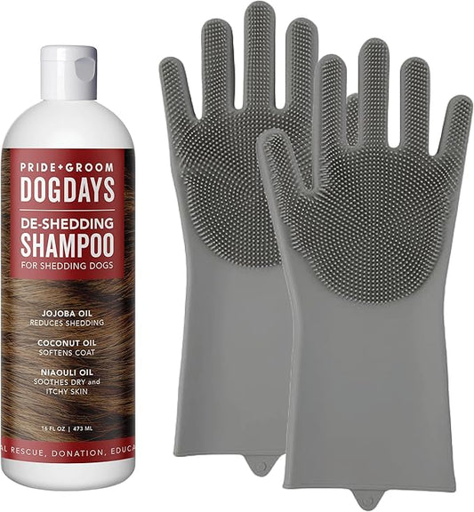 Pride and Groom DogDays De-Shedding The Scrub Kit - Natural Dog Shampoo with Silicone Scrubber Gloves for Detangling, Shedding Control, Coat Massage, Clean Ingredients, and Gentle Pet Grooming Care