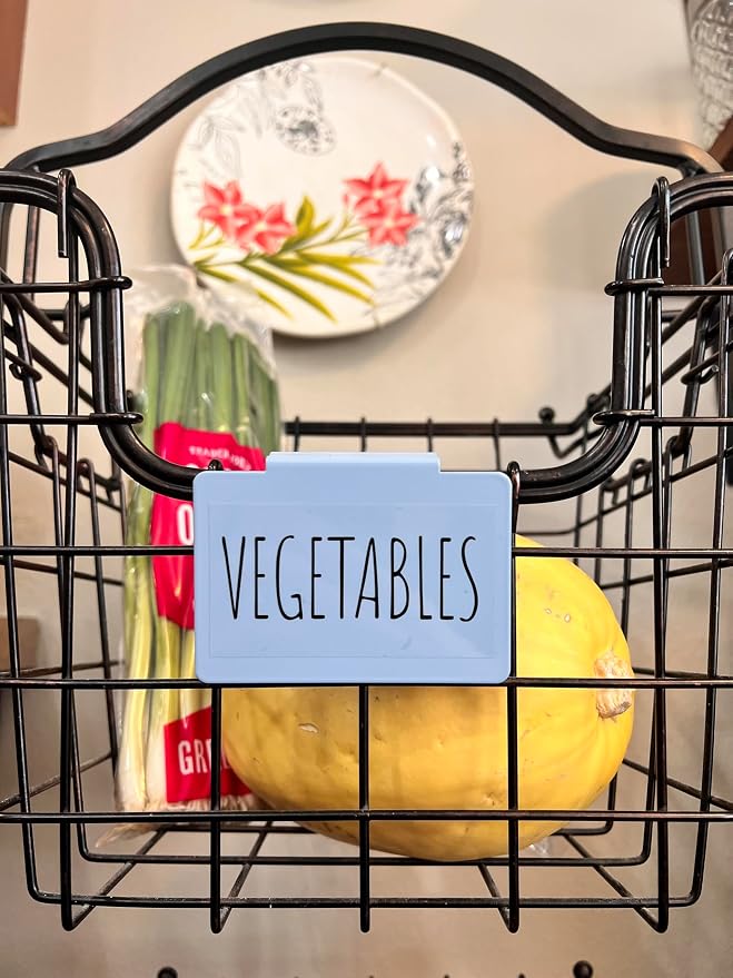 Hygge & Sage: Metal Bin Labels for Home Organization | Non-Slip Basket Clips for Storage Bins, Baskets, or Wire Racks | Includes 8 Labels, 8 Non-Slip Pads, and 2 Free Markers (Blue)