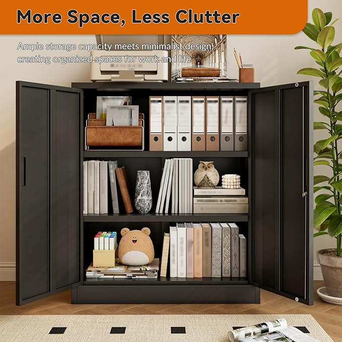BESFUR Metal Garage Storage Cabinet with 2 Locking Doors and 2 Adjustable Shelves, 36" Black Metal Short Storage Cabinet for Home Office,Garage,School,Utility Room