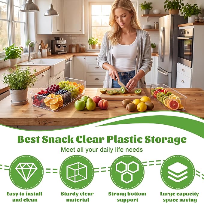 Mifoci 16 Pcs Snack Pantry Organizer and Storage, Clear Plastic Storage Bin for Pantry Shelf with 3 Divider & No Divider, Stackable Container Box with Handle for Kitchen Cabinet Fridge Closet Bathroom