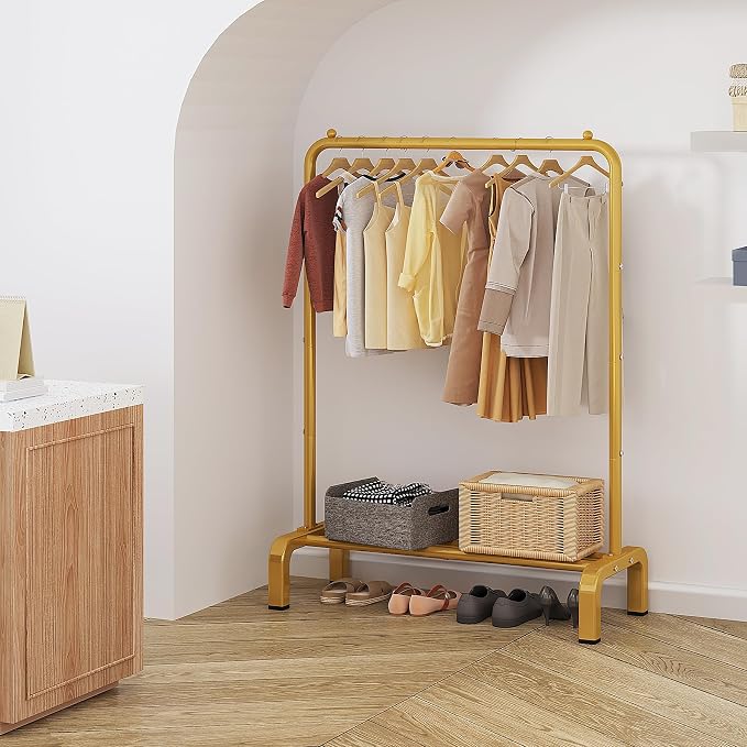 Garment Rack Clothing Clothes Rack for Clothes Organizing Gold | Standard Metal 34 Inches Garment Rack with Bottom Shelf for Hanging Clothes Coats Jackets Shirts Sweaters Jeans Gold