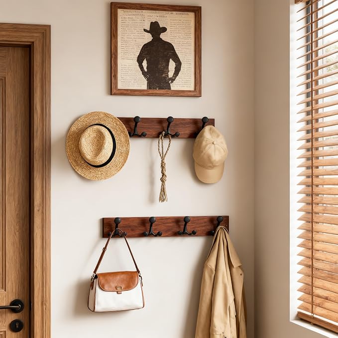 SKOLOO 24-Inch Wood Coat Rack Wall Mount with 4 Triple Hooks - Ideal for Family Entrances, Classrooms, and Pet Supplies Storage - Perfect Coat Hooks for Wall,Mahogany (Sapele), Pack of 2