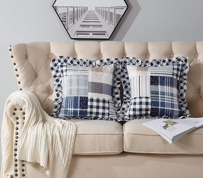 Brilliant Sunshine Multi Blue Plaids & Stripes Ruffle Shams Set, 18"x18" | Patchwork Design with Ruffles, Quilted Pillow Covers, Washable Throw Cushion Cases for Couchs and Beds, Pack of 2