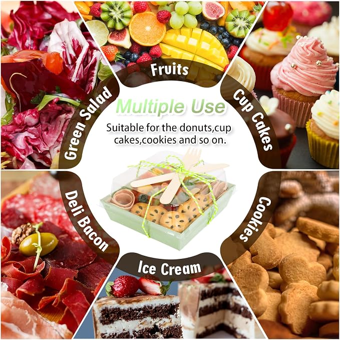 Whaline 50 Set Green Charcuterie Boxes with Clear Lids Forks Knives 4.7 x 4.3 In Clear Mini Dessert Disposable Food Containers Cake Take out Bakery Boxes for Wedding Birthday Sandwich Cookies Sushi