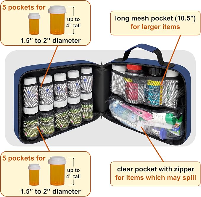 Large Pill Bottle Organizer & Medicine Bag for Travel, Blue | Prescription bottle organizer with 10 bottle pockets and padded storage for medication bottles, supplements, vitamins
