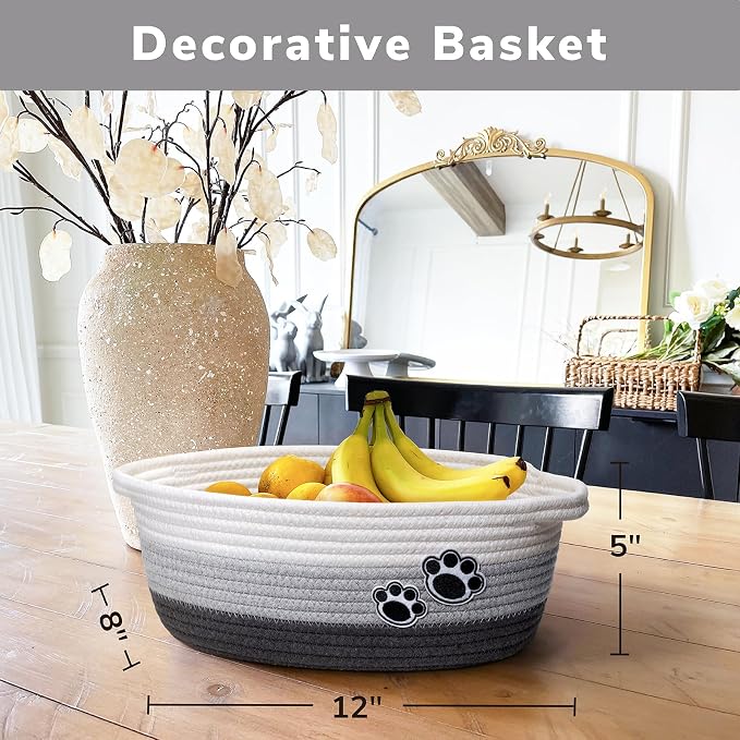 Woven Rope Dog Toy Basket with Paw Print, Mixed Grey | 12"x 8" x 5" Small Dog Toy Bin & Box with Handles, Fits Living Room Bedroom Nursery Organization, Gift Basket Empty for Pets