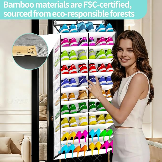 Heavy-Duty over the Door Shoe Organizer, Extra-Wide Large, Holds 30 Pairs & Supports 100lbs, with Reinforced Grommets & Bamboo Rods, Fits Men's Size 12 & Boots, White