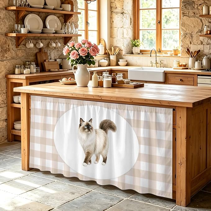 Ragdoll Cat Sink Skirt for Bathroom, Self-Adhesive Under Sink Curtain, Modern Linen Plaid Farmhouse Pet Cats Hide Pipes & Storage Fabric Cabinet Skirt Cover for Kitchen Laundry 32"x55"