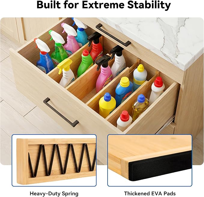 4 Pack 8" Deep Bamboo Drawer Dividers, 17-22" Expandable Kitchen Organizers | Adjustable Spring-Loaded Tension Separators with Foam Pad for Clothes, Utensils, Kitchen, Dresser, Nursery & Bathroom