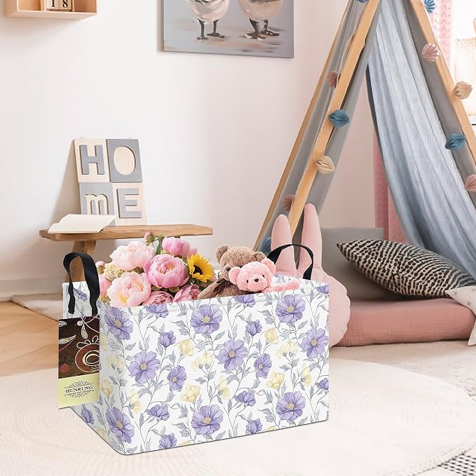 Rectangle Foldable Storage Basket Handles For Home, Purple Flowers | Waterproof canvas material, reinforced handles, perfect for shelf use, organizes clothes, daily items and pet supplies