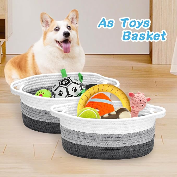 ABenkle Small Basket Empty Gift Basket, Decorative Boho Rope Woven Nursery Storage Organizer Dog Toy Baskets for Baby Showers Christmas Easter with Gift Bags and Ribbons, 12"X 8" X 5"