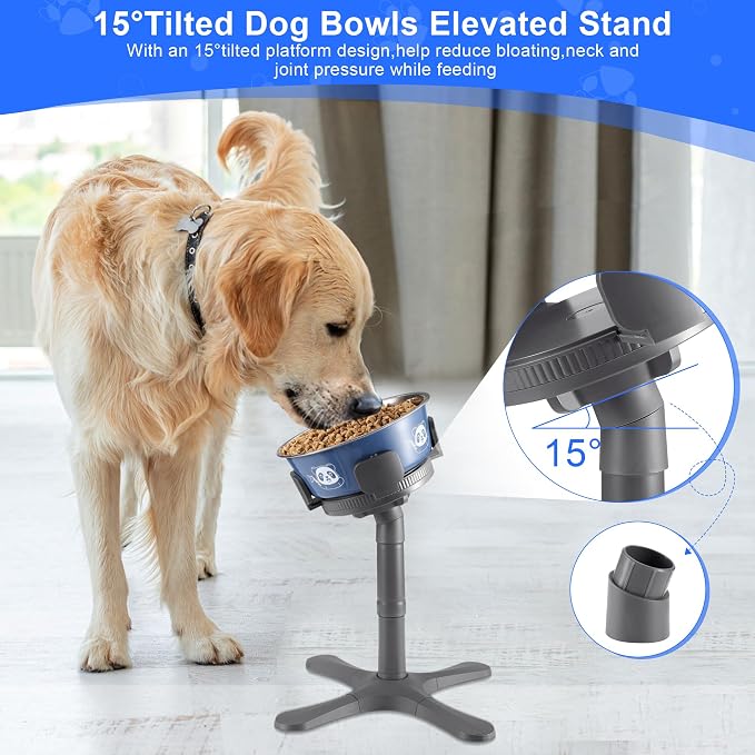 Dog Bowls,Elevated Adjustable Dog Bowl Stand with 3 Heights & Tilted Feeding Design, Raised Stand Compatible with Medium & Large Breeds(with Bowl) Grey