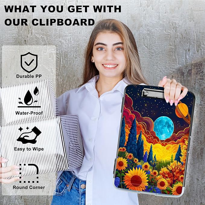 Sunflower Clouds Moon A4 Clipboard with Storage Pen Holder, Clipboards Organizer Nursing Clipboard Foldable File Folder Plastic Clipboard Folio Clip Board for Office Students Classroom