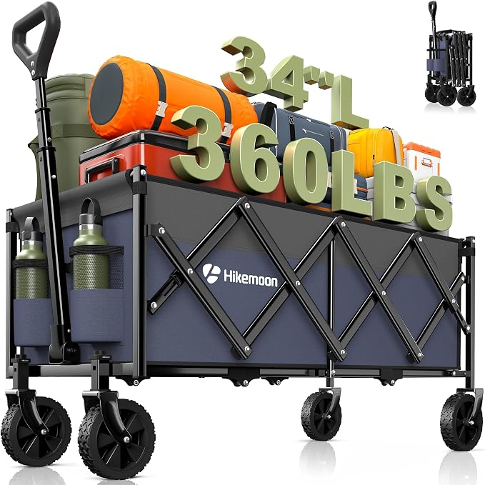 34'' Extra Long Folding Portable Wagon, 120L 360LBS Purple | Wagons Carts Foldable, Heavy Duty, Collapsible Compact Storage, Utility for Shopping/Grocery/Garden/Camping/Sports
