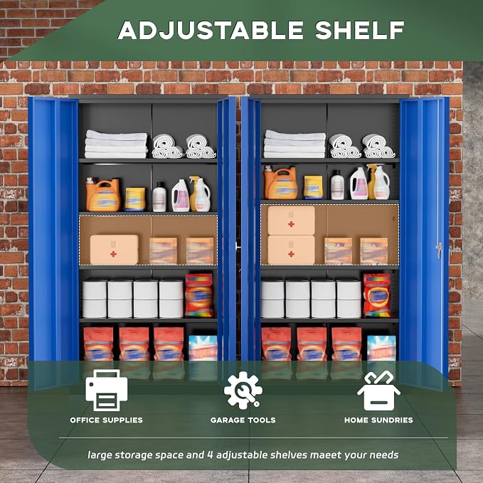 Greenvelly Metal Storage Cabinet, 72" Locking Metal Garage Storage Cabinet with Doors and 4 Adjustable Shelves, Lockable Steel Cabinet for Home Office, Garage, Shop, School (Blue 36" W x 18" D)