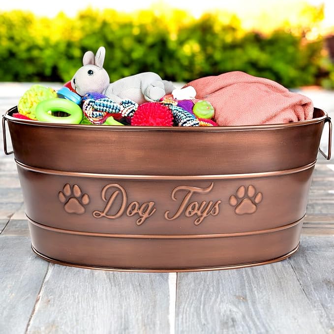 BREKX Copper Metal Dog Toy Storage Bin, Indestructible, Large | Toy, Blanket & Leash Organization • Carrying Handles