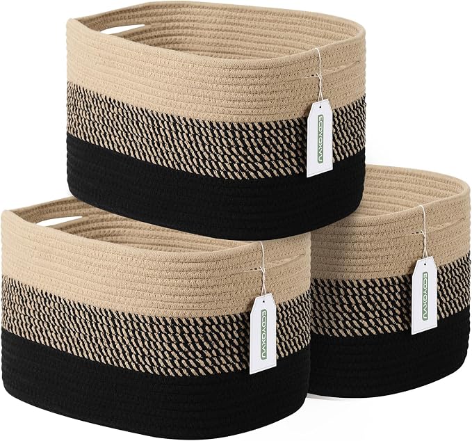 ECDYQXVU 15x10x9 Inch Woven Cotton Rope Storage Basket, 3 Pack | Foldable Design, Built-in Handles, Space-saving Organizer for Living Room, Bedroom, Laundry, Shelves, Clothes, Towels