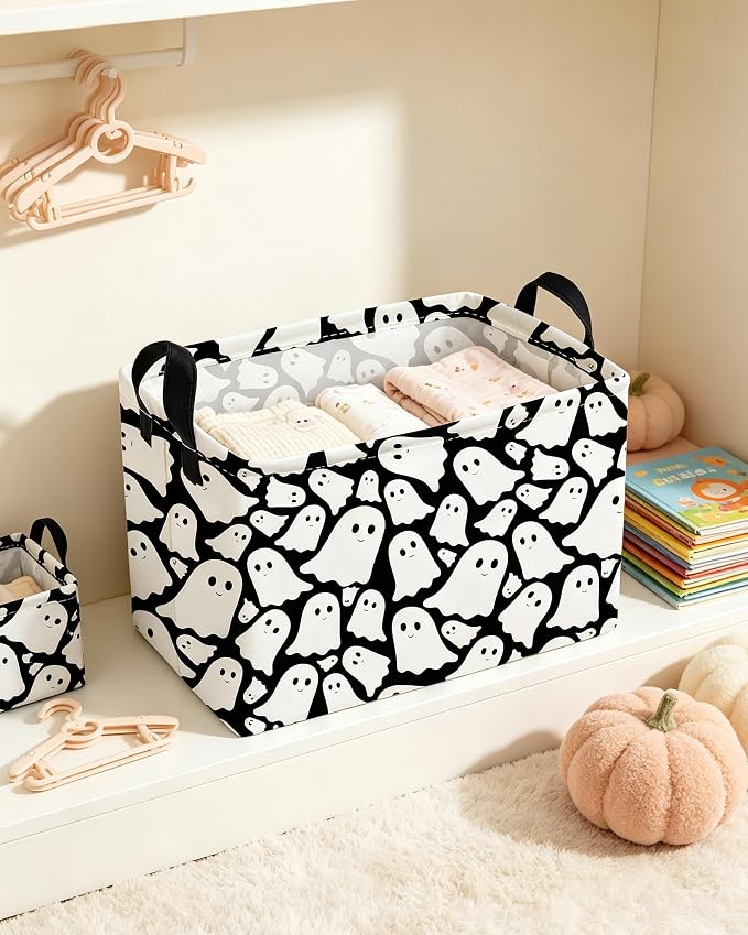 Essme Rectangular Halloween Basket,Ghost Storage Bins Organizer with Handles for Room Decor, Gift Basket.(Black Cute Ghost)