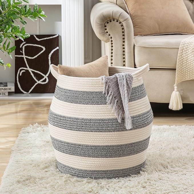 KAKAMAY Woven Baskets for Storage(17"x17"),Large Cotton Rope Basket Woven Baby Laundry Hamper,Collapsible Laundry Basket, Blanket Basket for Organizing Living Room,Nursery,Pillows,Toy Chest(Grey)