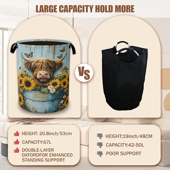 Highland Cow Laundry Hamper,Cow Sunflower Wood Laundry Baskets,Waterproof Oxford Cloth Toy Storage for Bedroom,Bathroom,Nursery,16x20.8 Inch