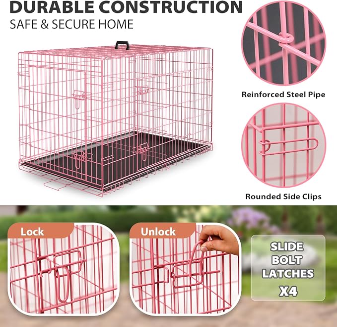BestPet | Dog Crate | 24" | Pink | Foldable Metal Kennel with Double Doors | Secure Slide-Bolt Latches, Leakproof Tray | Portable Dog Cage for Small Breeds | for Travel, Indoor & Outdoor Use