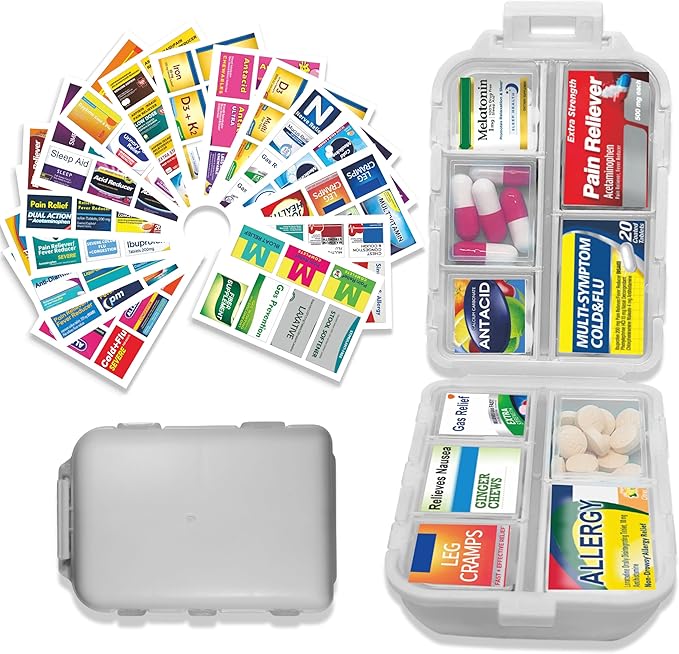 Large Pill Organizer with 146 Medicine Labels, Grey Travel Pill Case | Large 10-compartment pill case with 146 labels for vitamins, supplements, daily meds, 7-day planning, work, travel, and home
