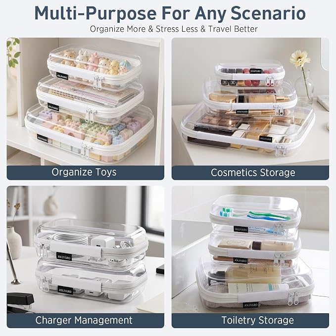 Clear Hard Shell Zipper Case Makeup Storage Organizer Pouches TSA Approved | Travel organizer bags for toiletries, cosmetics, electronics & diaper bins. Multi-size for office, camping, beach & home
