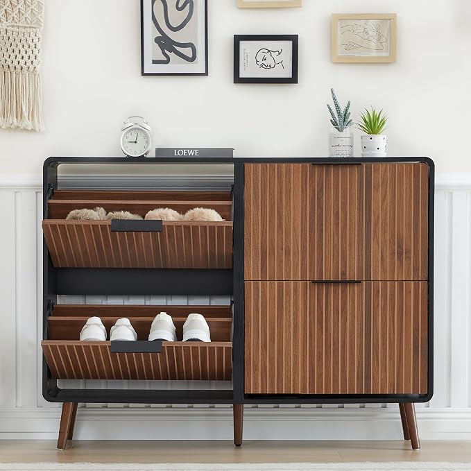 FurSch 47" Fluted Large Shoe Cabinet with 4 Flip Drawers | Slim Freestanding Organizer, Narrow Storage Rack, for Entryway, 5 Sturdy Legs