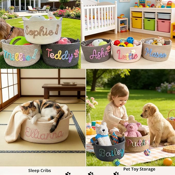 Personalized Dog Cat Toy Basket with Handles Custom Embroidery Name Cotton Rope Pet Toy Organizer Customized Puppy Kitten Toy Storage Bins for Pet Supplies Clothing Birthday Gifts