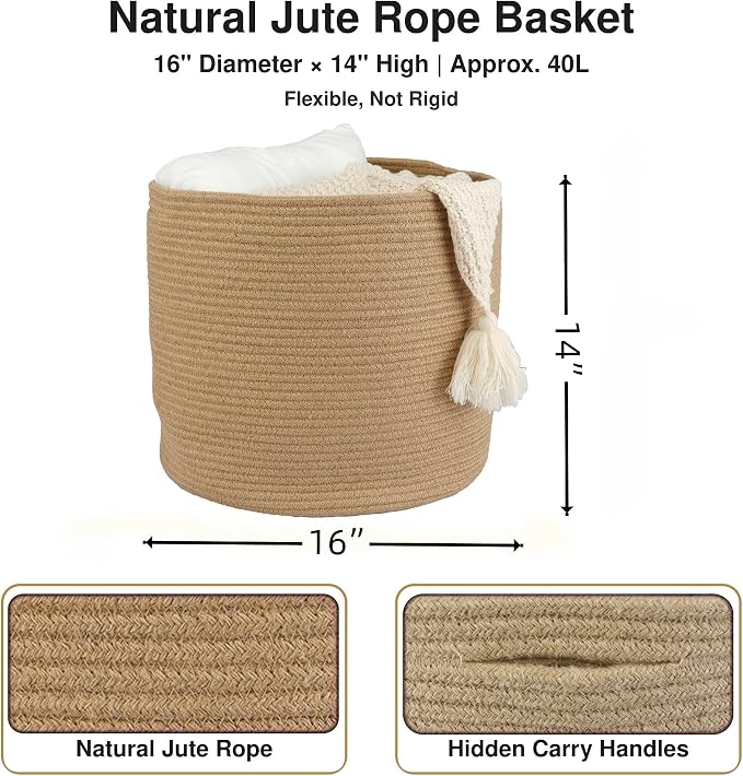 XUANGUO Jute Rope Basket For Girls Boys Kids 16”X14” | Baby Laundry Baskets, Blanket Basket, Nursery Bin; Round Woven Basket Organizer for Toy Storage, Blankets, Shoes and Clothes