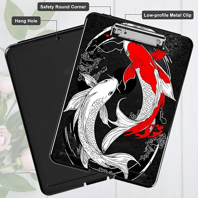 Red White Fish A4 Clipboard with Storage Pen Holder, Clipboards Organizer Nursing Clipboard Foldable File Folder Plastic Clipboard Folio Clip Board for Office Students Classroom Doctor