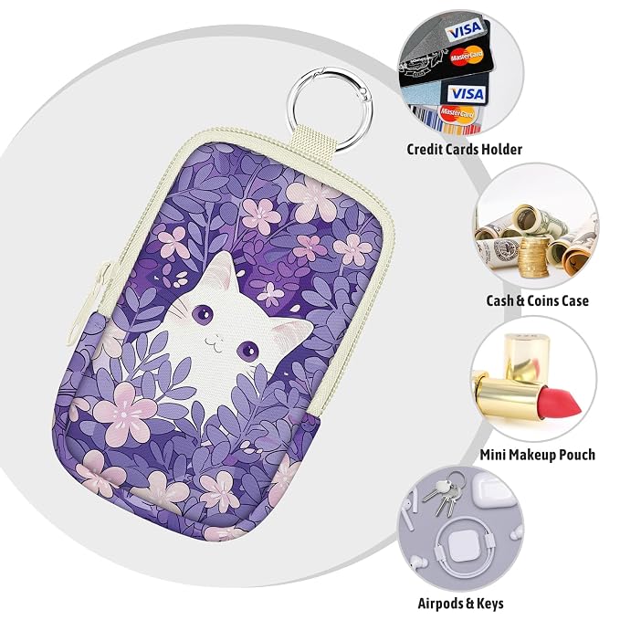 Hand Sanitizer Holder, Kawaii White Cat Spray Case Zippered Pouch | Keychain, Travel Size, Cute Fashion Accessory with Snap Hook, for Glow Mist and Power Mist 1FL OZ, Mini Small Pocket Clip on