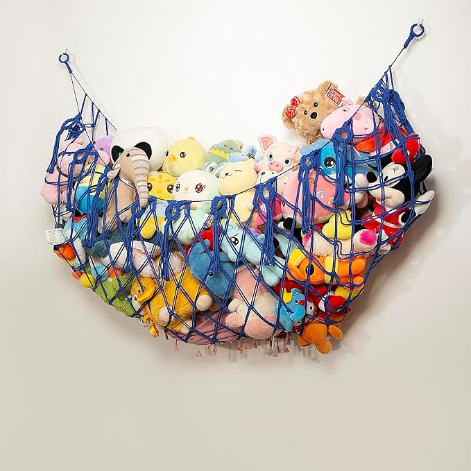 Amdermi Large Stuffed Animal Storage Net or Hammock for Wall Mounted Macrame Stuffed Animal Display For Boho Nursery Baby Boy Playroom Toy Organizers Pet Net-Blue