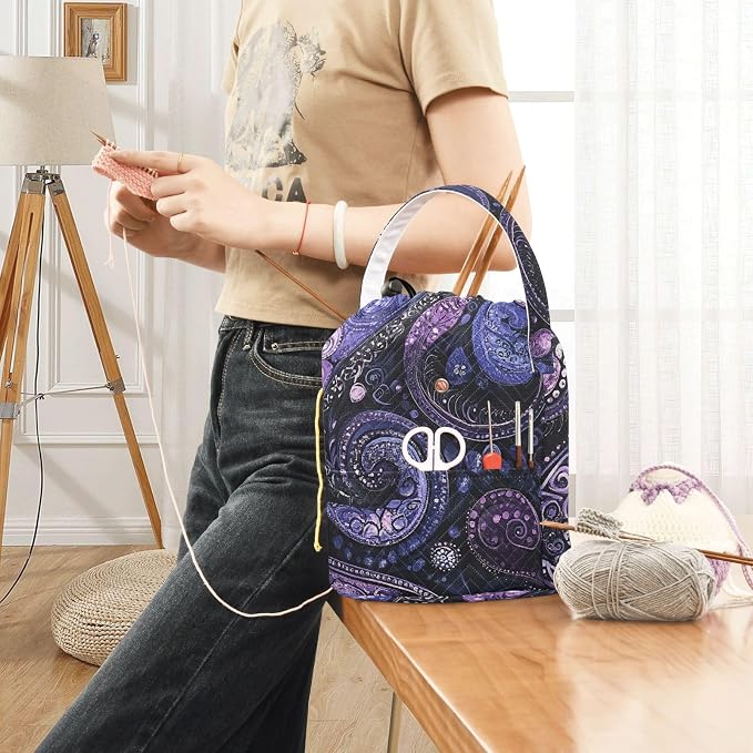 Tatenale Crochet Bag Yarn Bag Knitting Project Bag with Pockets and Handle Portable Yarn Storage Organizer Tangle Free 8.3x11 InchPurple Paisley30