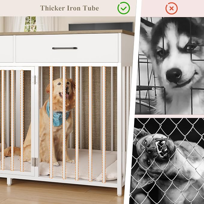 HOSTACK Double Dog Crate, 71"W Indoor Dog Kennel Furniture for 2 Dog, White | 3 Drawers for Easy Storage, Heavy-Duty Cage, Removable Divider, Slide Bolt Latch, Modern Farmhouse Pet House for XL/XXL Dogs