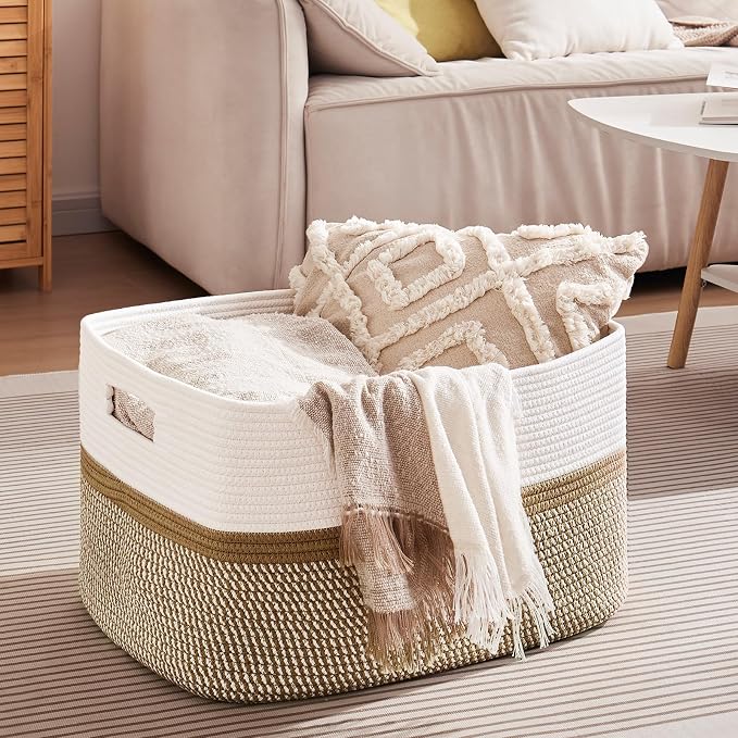 OIAHOMY Blanket Basket Laundry Basket Dog Toy Basket 75L Yellow/White | Large Storage Basket,Baby Basket,Toy Storage,Woven Rope Basket for Blankets,Blanket Storage for Living Room