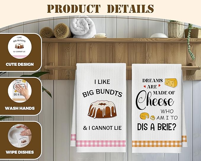 Kitchen Towels Set of 2, Cheese and Bundts Dish Towel for Kitchen, Decorative Hand Towels for Bathroom, Fast Drying Tea Towel with Funny Sayings, Housewarming Xmas Gifts for Women Mom -B18