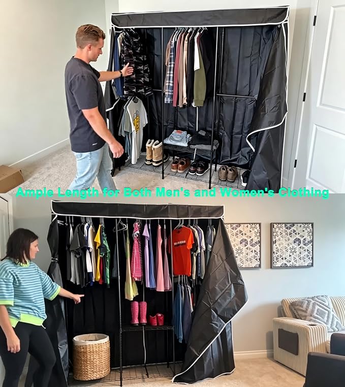 SEMHOR K01C Heavy Duty Clothes Rack with Cover Black, Max Load 860LBS | Freestanding Portable Closet System with Shelves, Adjustable Carbon Steel Garment Rack, Clothing Racks for Hanging Clothes