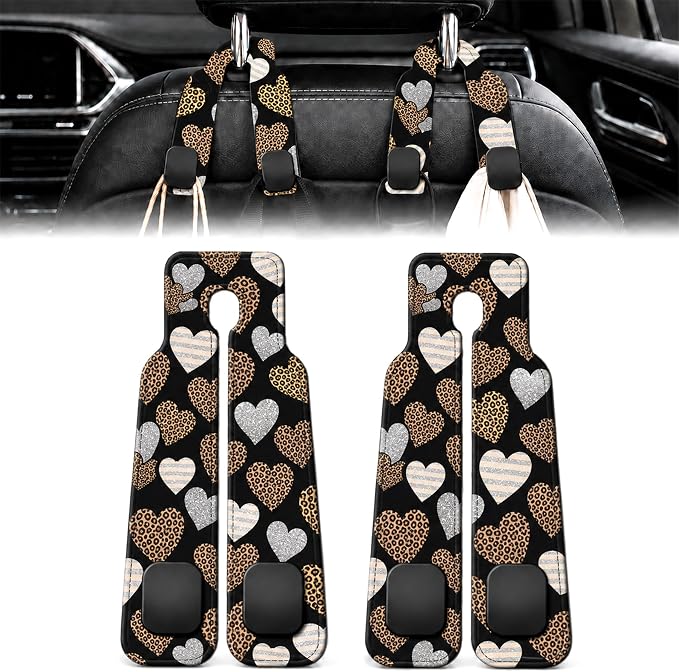 2 Pack Leopard Print Heart Car Headrest Hooks for Purse Seat Hanger | Leopard Heart Car Accessories Metal Hook, Trendy Gifts for Women, PU Leather Double Hook for Backseat Organizer