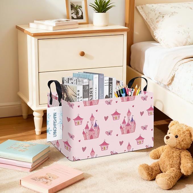 Rectangular Collapsible Pink Castle Storage Basket Nursery Toy Organizer | Storage Bin Foldable Canvas with Handles for Organizing Home Kitchen Children Toys Office Closet Shelf Baskets