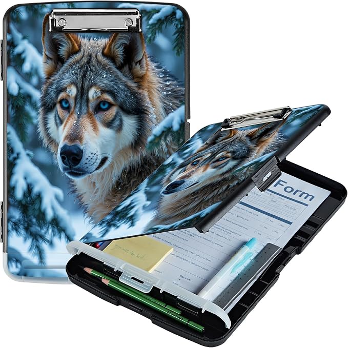 A4 Clipboard with Storage Pen Holder, Clipboards Organizer Nursing Clipboard Foldable File Folder Plastic Clipboard Folio Clip Board for Office Work Classroom Doctor, Snow Forest Wolf