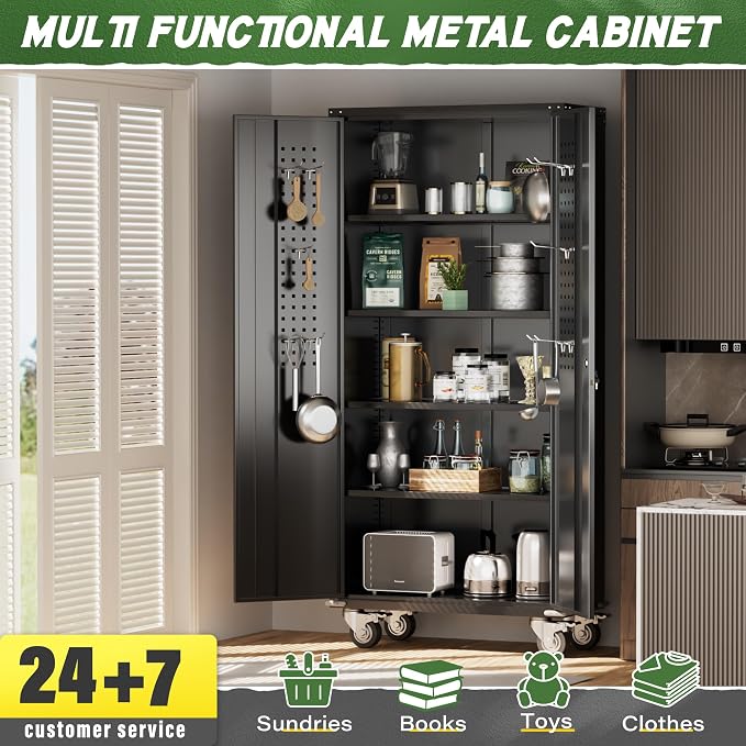 Greenvelly Metal Storage Cabinet with Wheels, 72" Black Garage Rolling Cabinet with Doors and 4 Shelves, Steel Locking Cabinets Tall Tool Lockable Storage Cabinets for Basement, Pantry, Home Office