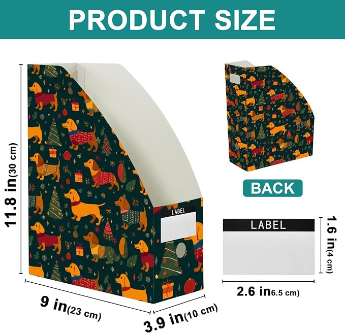 Christmas Dog Dachshund Pet 3-Pack Decorative Magazine File Holder Foldable Desk Book Bins Binder Organizer with Blank Labels for Office Classroom Bookshelf Document Paper Storage