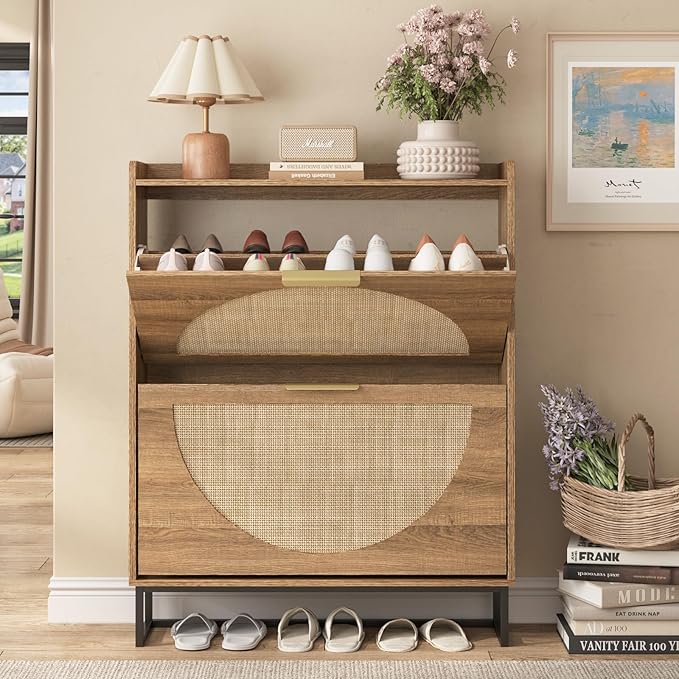 Maupvit Rattan Shoe Storage Cabinet with 2 Flip Drawers, Freestanding Shoe Organizer with Metal Legs for Entryway, Hidden Golden Handles, Narrow Shoe Rack Cabinet, Rustic Oak Rattan
