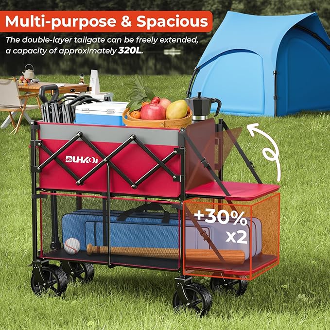 Double Decker Collapsible Wagon with Brakes,Compact with Tailgate | Big All-Terrain Wheels , 2-Tier for Camping Gear, Sports, Groceries, Shopping, Garden & Outdoor Use