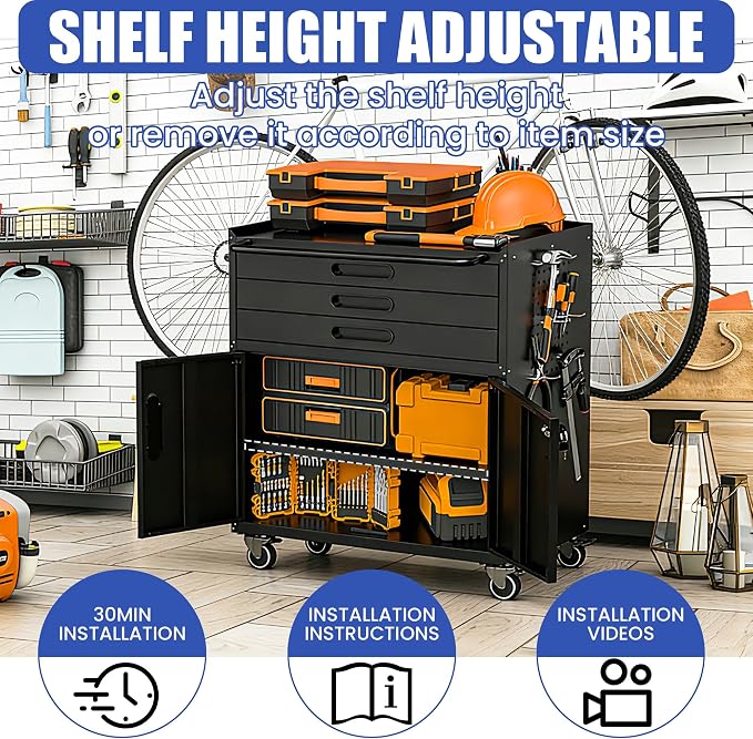 Metal Mobile Tool Storage Cabinet with 2 Locking Door and 3 Drawer | Black Heavy Duty Rolling Tool Cabinets for Garage,Metal Storage Cabinets with Wheels and Pegboard,Assembly Required