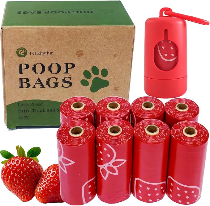 Strawberry Scented Dog Poop Bags - 8 Rolls 120 counts Leak Proof | Extra Large 13x9 Inch Red Dog poop bags rolls with Dispensers, Fragrance Bags for Dogs Walking and Cat Litter